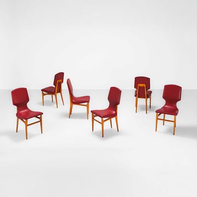 Sei sedie, struttura in legno e rivestimenti in skai (Produzione italiana, ca. 1950)