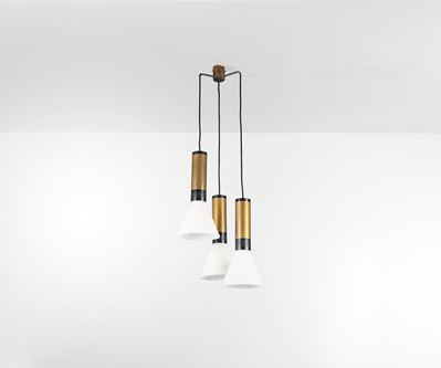 Lampada a sospensione, struttura in ottone e metallo laccato con diffusori in vetro opalino