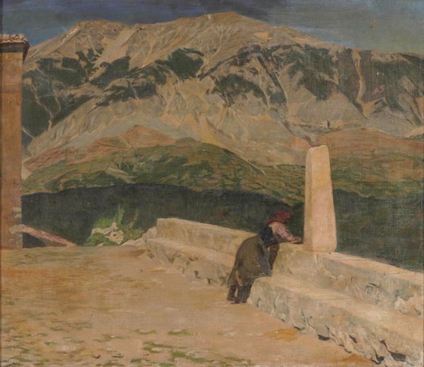 Pittore del XX secolo Paesaggio montano con contadina