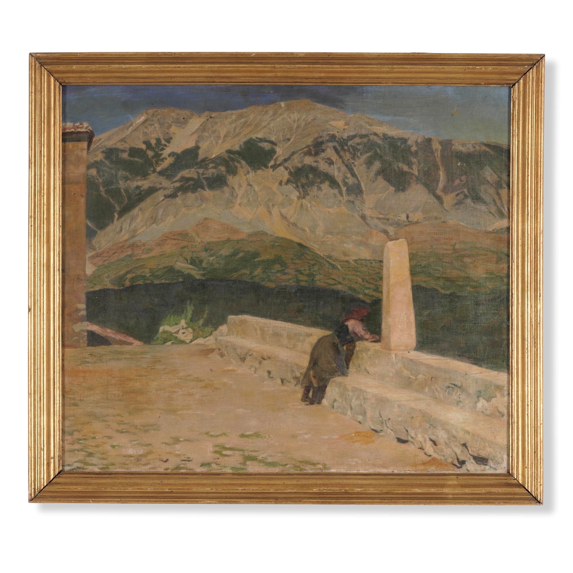 Pittore del XX secolo, Paesaggio montano con contadina, olio su tela