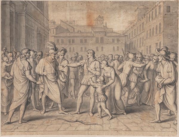 Disegno china su carta con scena storica. XX secolo