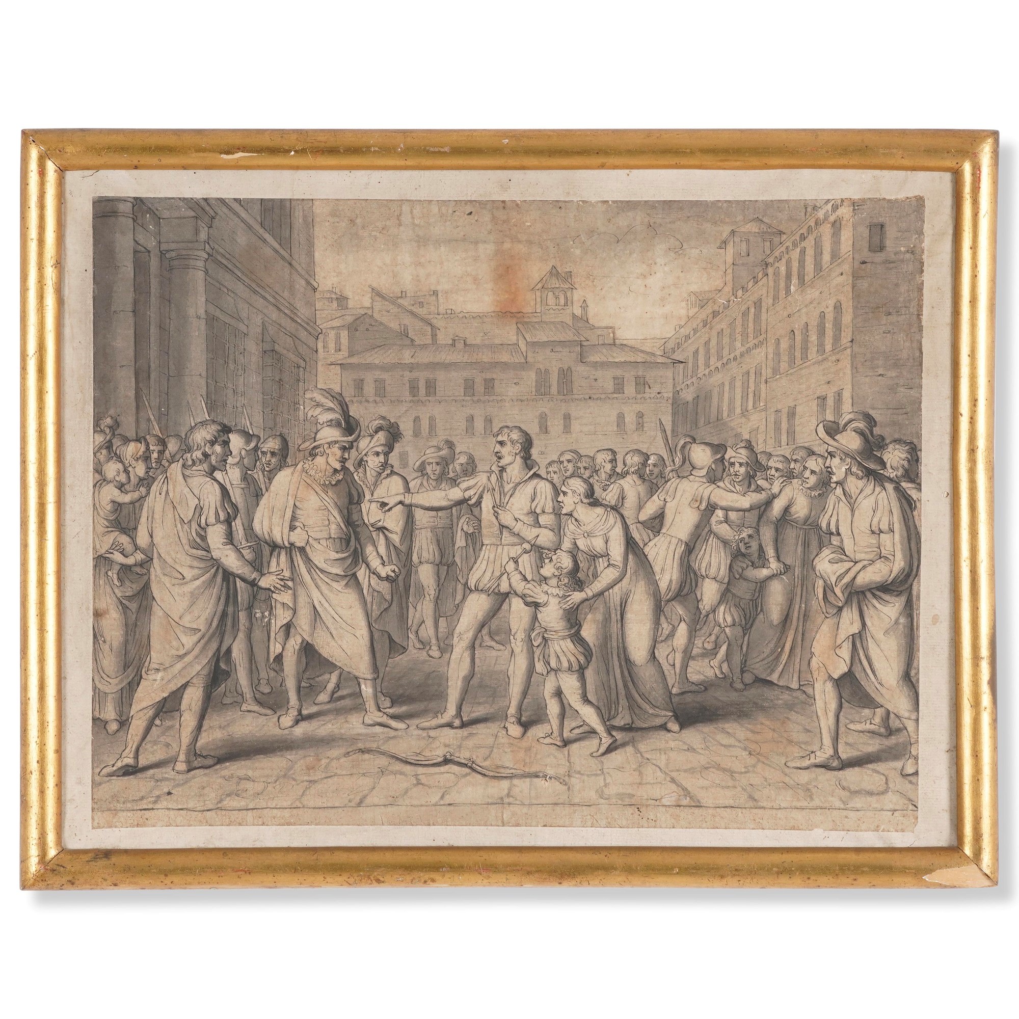 Disegno a china su carta con scena storica, XX secolo