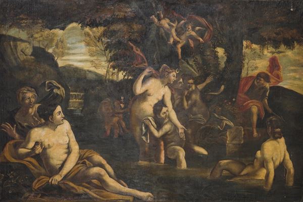 Scuola del XVII secolo Diana e le ninfe al bagno