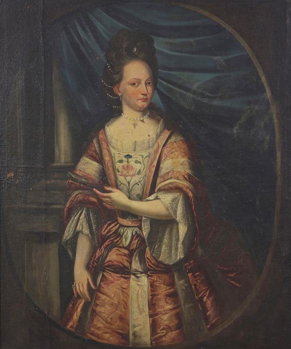 Scuola genovese del XVIII secolo Ritratto di dama in piedi con ventaglio