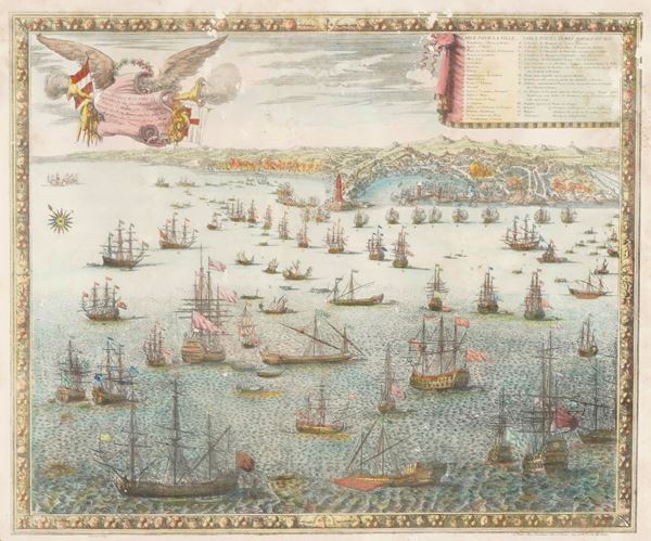 Incisione acquerellata con la flotta francese davanti a Genova nel 1684
