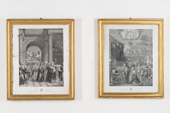 Coppia di grandi litografie con adorazione dei Magie e altra scena religiosa