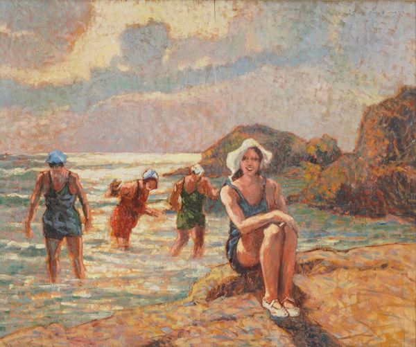 Pittore del XIX-XX secolo Figure sulla spiaggia
