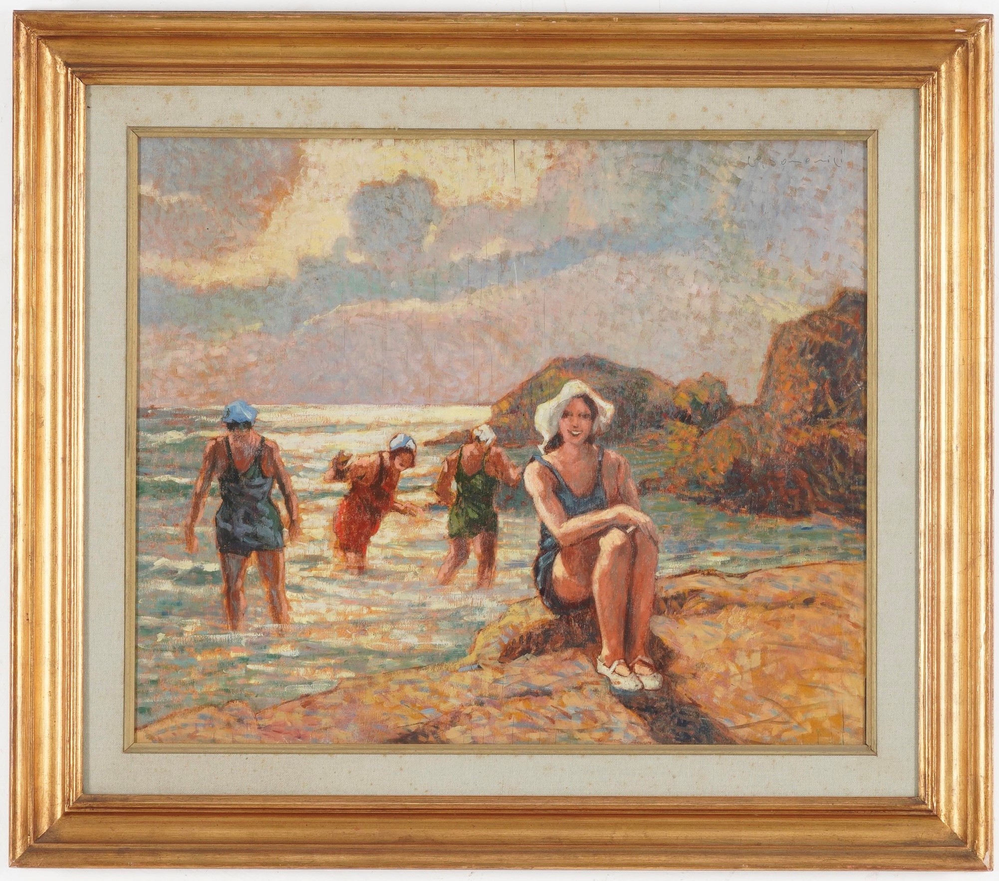 Pittore del XIX-XX secolo, Figure sulla spiaggia, olio su tavola