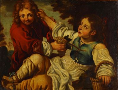 Scuola francese del XVIII secolo, Figure di fanciulli con uva, olio su tela