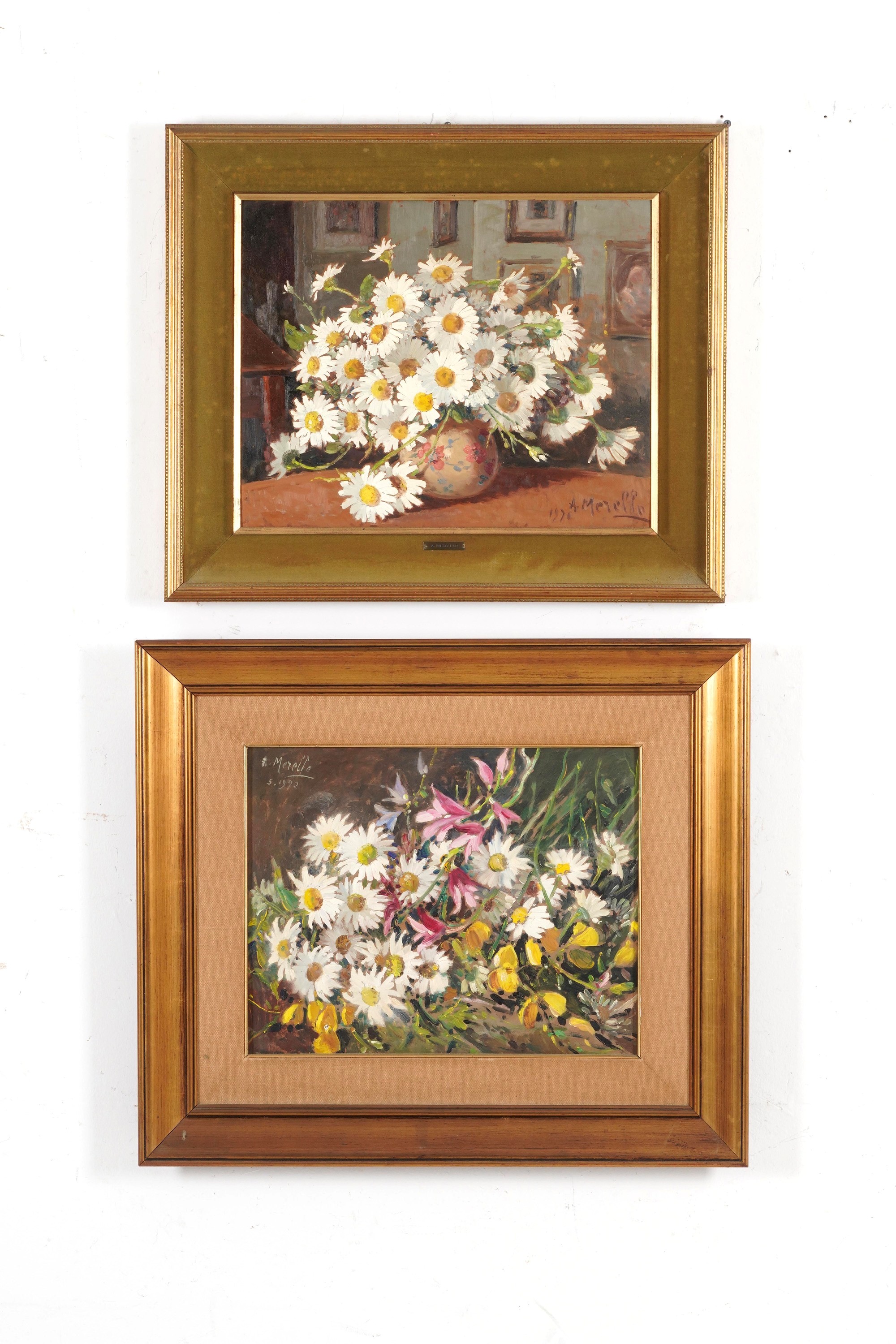 Amedeo Merello - Due nature morte con margherite, oli su tela