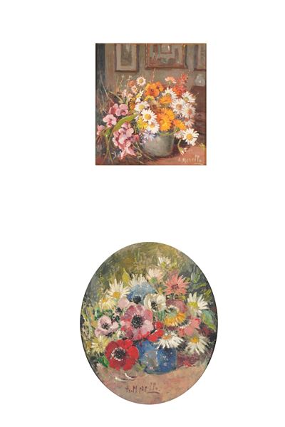 Natura morta con fiori e natura morta ovale (due dipinti ad olio)