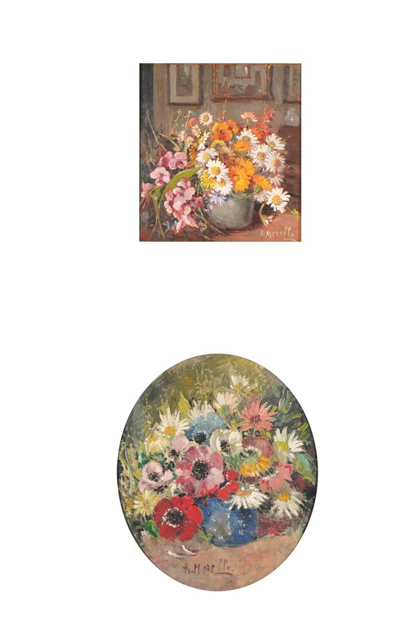 Natura morta con fiori e natura morta ovale