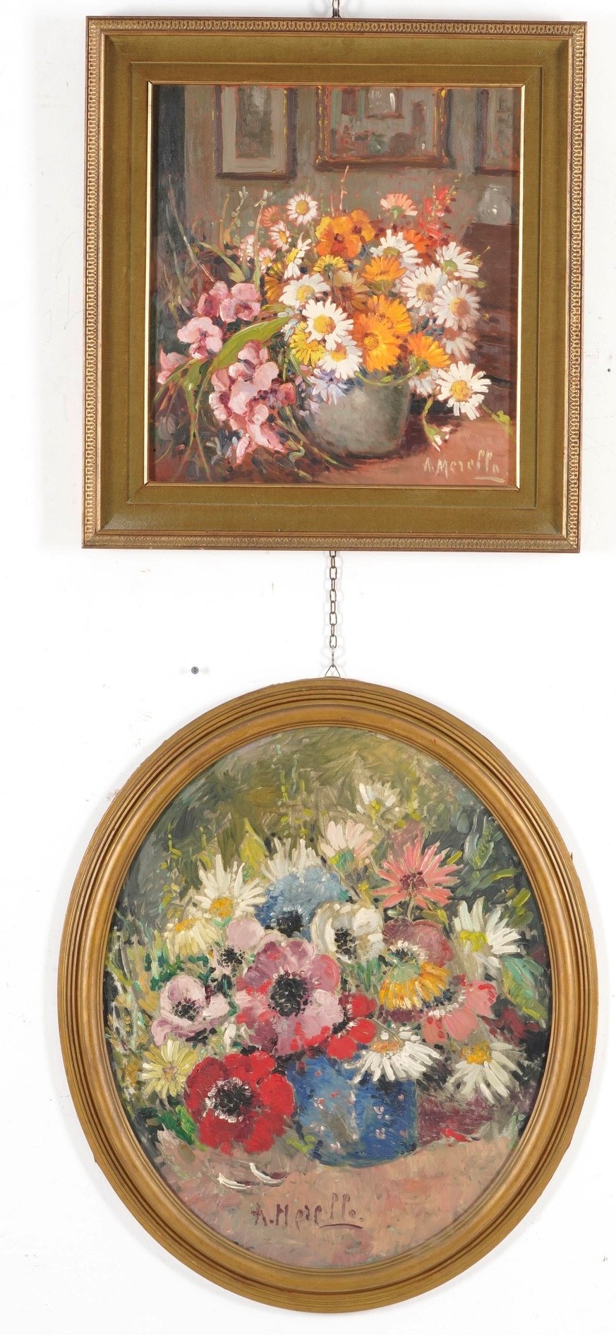 Amedeo Merello - Natura morta con fiori e natura morta ovale (due dipinti ad olio)