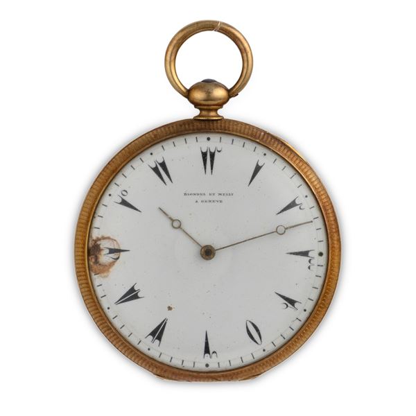 Orologio da tasca in oro 18k con cassa decorata e smaltata, quadrante smalto bianco con numeri Turchi e lancette Breguet, carica a chiavetta<BR>45 mm, peso 48,5 g<BR>
