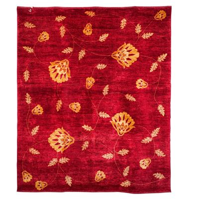 Tappeto moderno, campo rosso scuro con fiori gialli (245×305 cm)