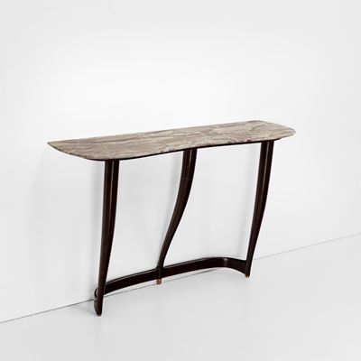 Console in legno con piano in marmo e dettagli in ottone