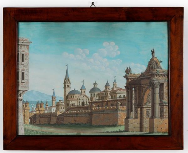 Coppia di guaches raffiguranti vedute. XIX secolo