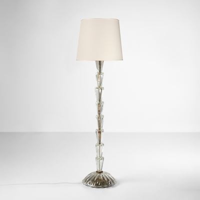 Lampada da terra in metallo e vetro di Murano con paralume in tessuto