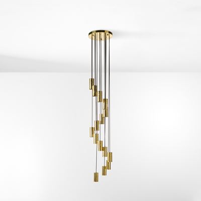 Lampada a sospensione, struttura in ottone e diffusori, produzione Italia (circa 1960)