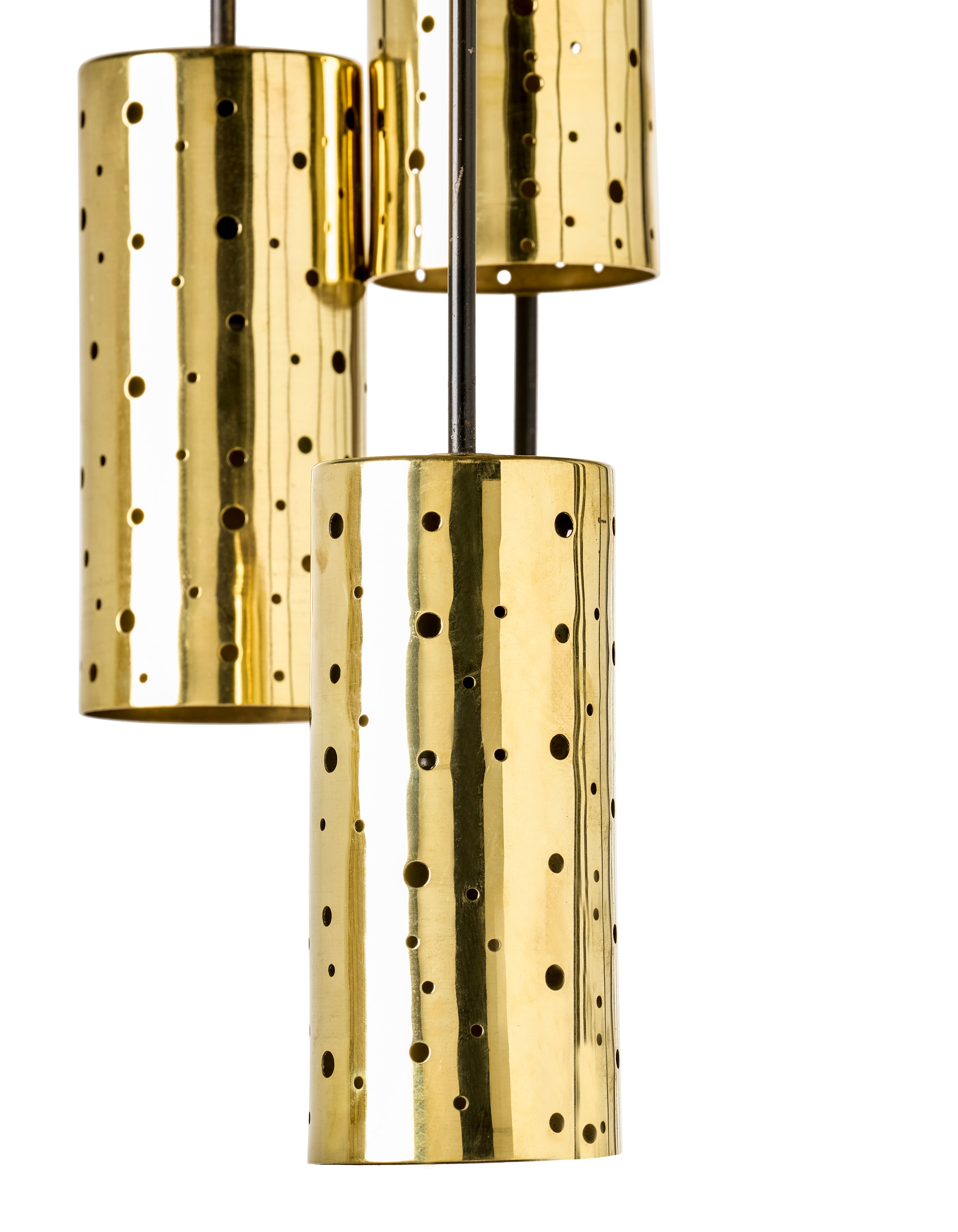 Lampada a sospensione, struttura in ottone e diffusori, produzione Italia (circa 1960)