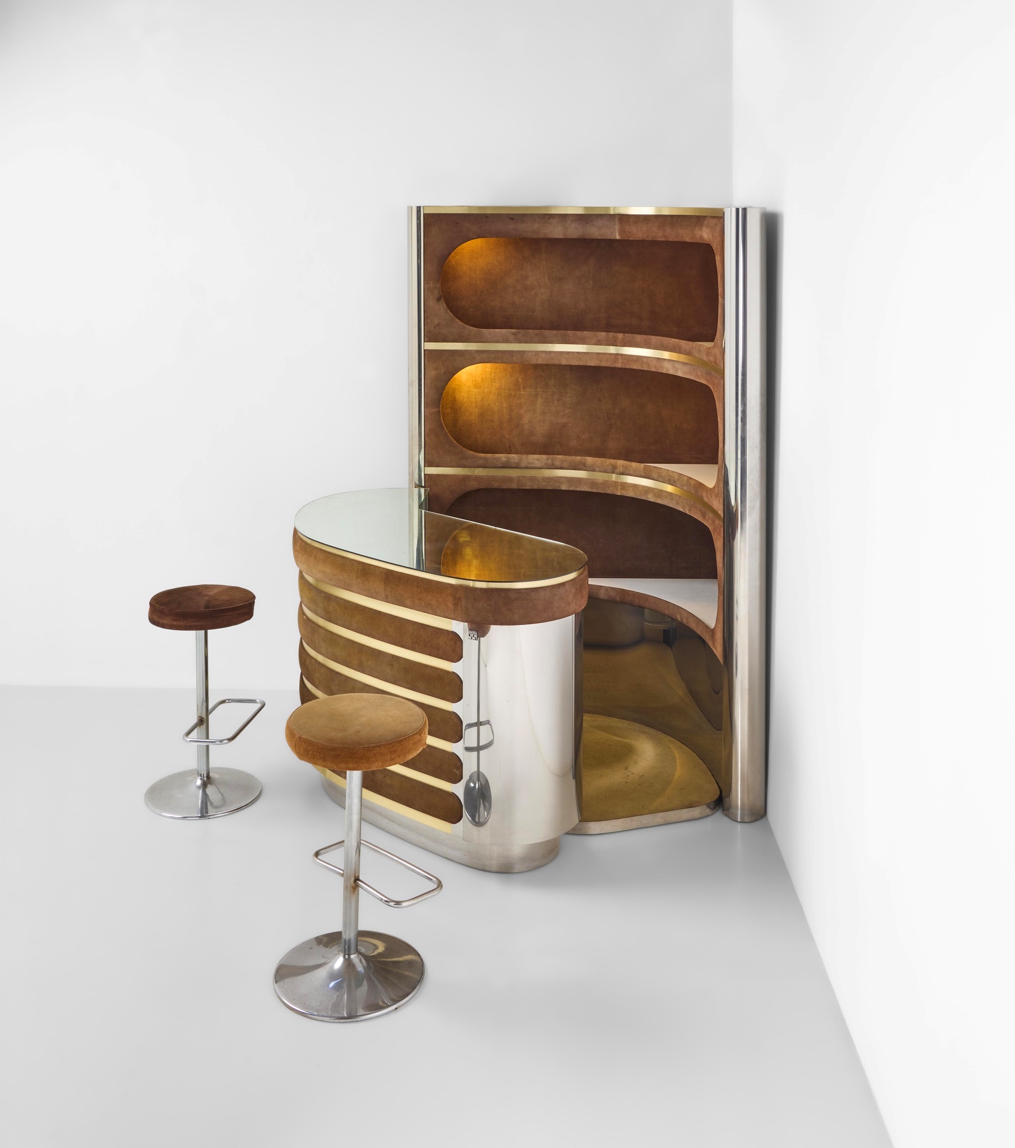 Willy Rizzo - Mobile bar luminoso con bancone e due sgabelli, struttura in metallo cromato