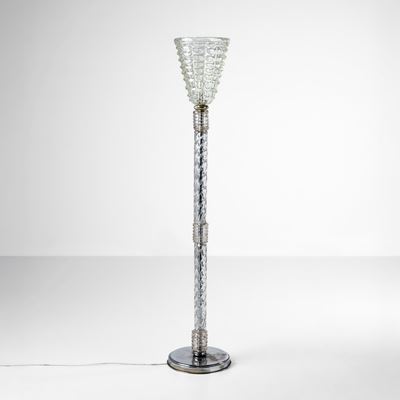 Lampada da terra in metallo nichelato e vetro di Murano