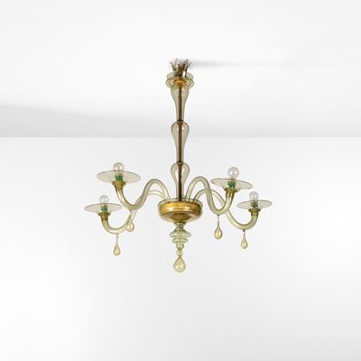 Lampada a sospensione con diffusori in vetro di Murano (produzione Venini), circa 1930