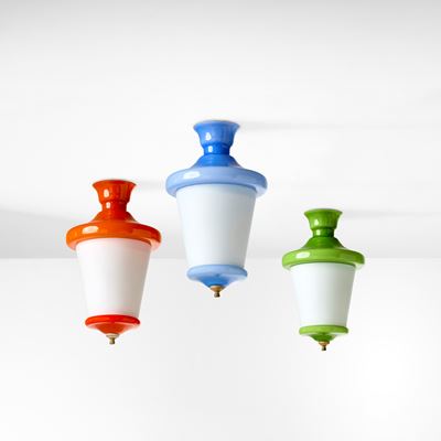 Tre lampade a sospensione in vetro di Murano e ottone