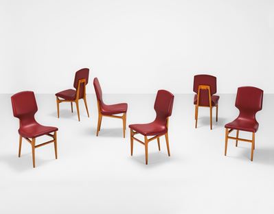 Sei sedie, struttura in legno e rivestimenti in skai (produzione italiana, ca. 1950)