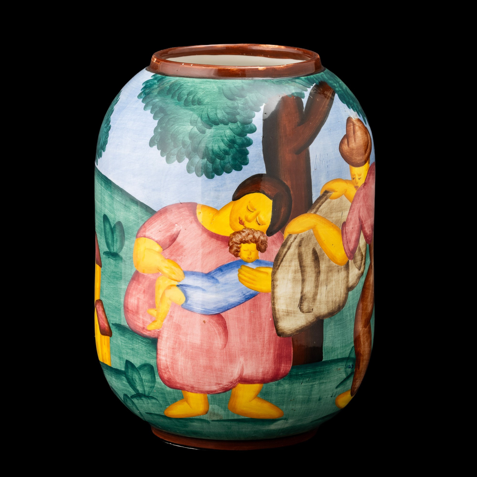 Giuseppe Sciolli - Vaso in terraglia policroma con decoro “Maternità” entro paesaggio (Mondovì), ...
