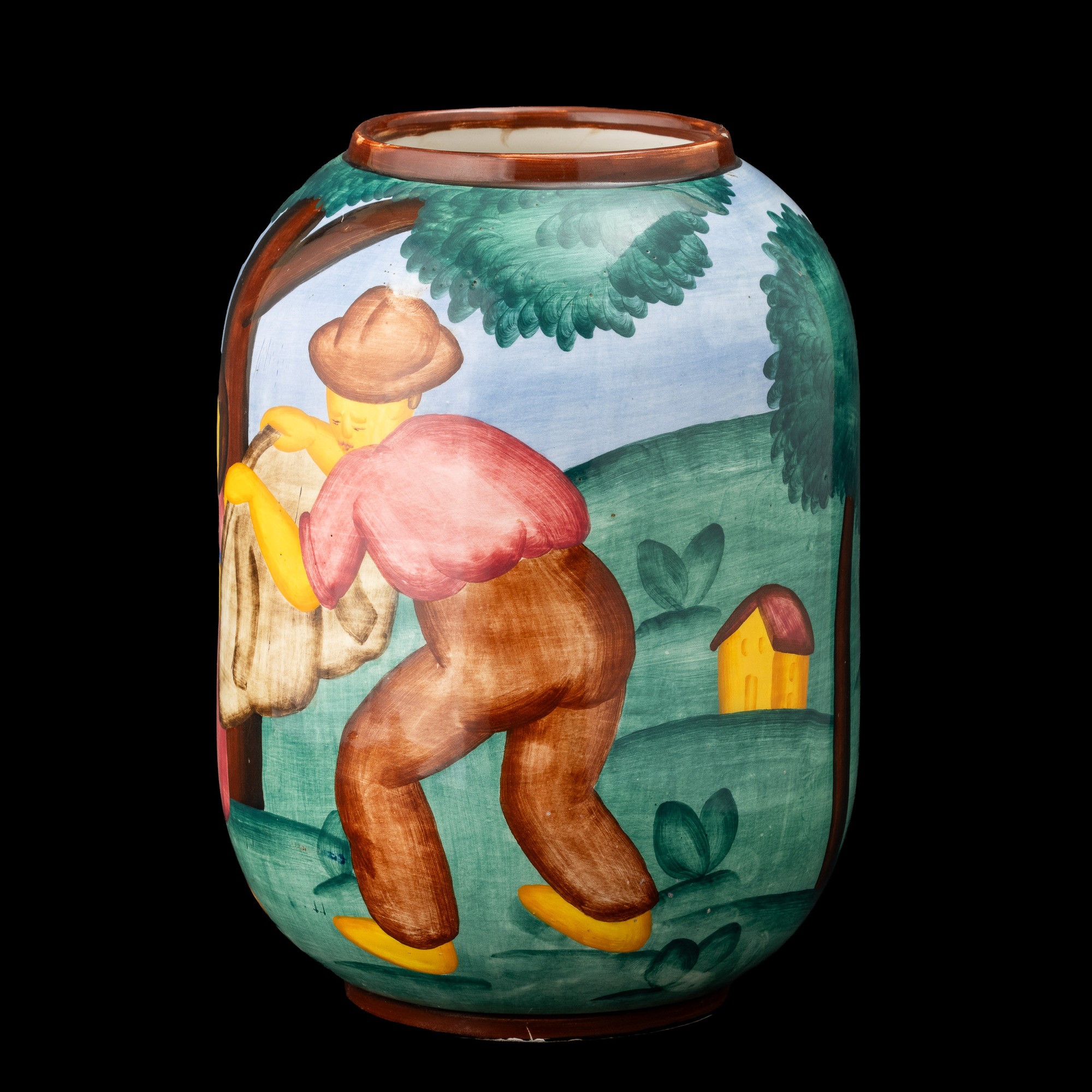 Giuseppe Sciolli - Vaso in terraglia policroma con decoro “Maternità” entro paesaggio (Mondovì), ...