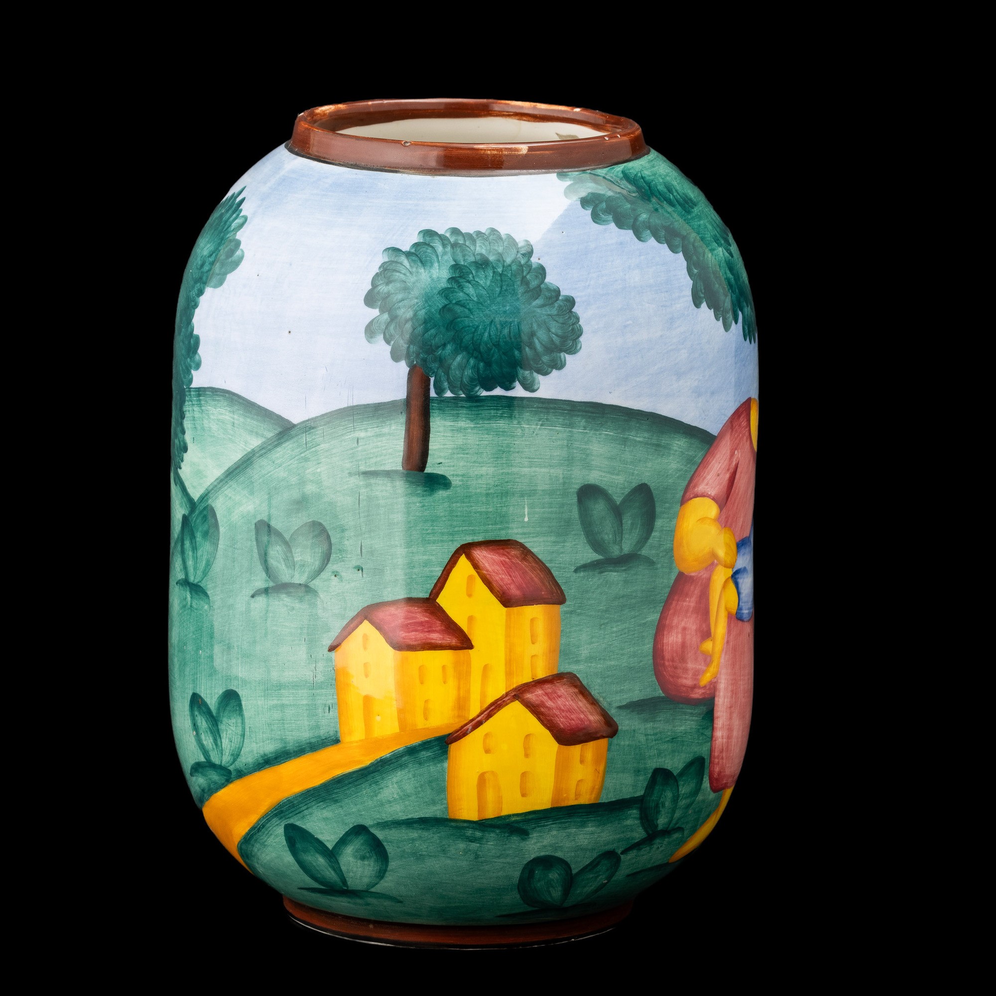 Giuseppe Sciolli - Vaso in terraglia policroma con decoro “Maternità” entro paesaggio (Mondovì), ...