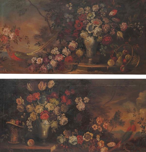 Scuola del XVIII-XIX secolo Paesaggi con cn trionfi di fiori e volatili