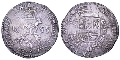 Felipe IV (attrib.), Paesi Bassi spagnoli, Patagon 1655 (Anversa), croce di Borgogna e stemma rea...