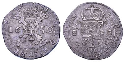 Felipe IV (1621-1665), Croce di Borgogna e stemma reale coronato (Paesi Bassi, 1650, Tournai)