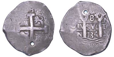 Felipe V, Croce inquartata da castello e leone rampante — 8 reales, 1734, Lima