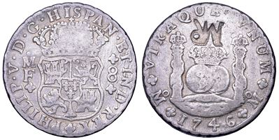 Felipe V (1700-1746), 8 Reales 1746 del Mozambico contromarcato “MR”