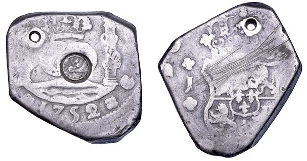 FERNANDO VI, 1746-1759. GUATEMALA. 8 reales 1752. Contromarcato per la circolazione in Guatemala.