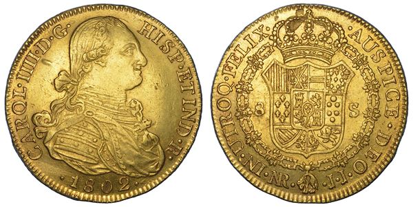 CARLOS IV, 1788-1808. COLOMBIA. 8 escudos 1802. Santa Fe de Bogotà.