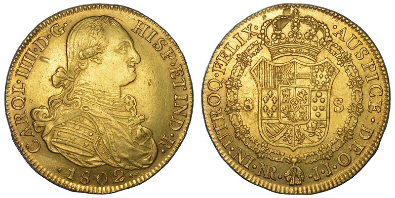 CARLOS IV, 8 escudos 1802 Santa Fe de Bogotà (Colombia), oro
