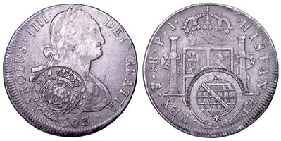 João, Principe Reggente del Brasile, 8 Reales di Carlo IV (Sfera Armillare di Minas Gerais), 1803...