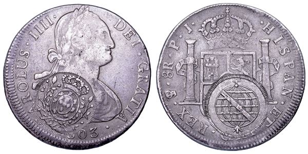 BRASILE. JOAO, 1799-1816 (principe reggente). 8 Reales di Carlos IV 1803 (Saggiatori PJ, Pedro de Alcaraz e José de Vargas)  con contromarca da 960 reis (Decreto del 1° settembre 1808, Capitaneria di Minas Gerais).