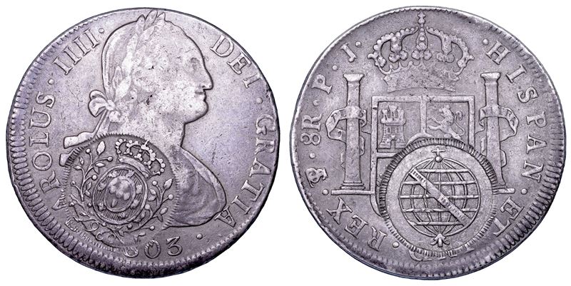 João, Principe Reggente del Brasile, 8 Reales di Carlo IV (Sfera Armillare di Minas Gerais), 1803...