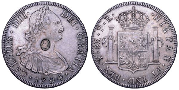CARLOS IV, 1788-1808. SPAGNA. Moneta da 8 Reales 1794 di Carlos IV di Spagna contromarcata con l'effige di Giorgio III in ovale della Banca d'Inghilterra (Emissione del 1797).