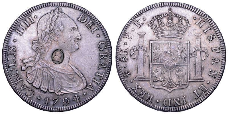 CARLOS IV (1788–1808), Moneta da 8 Reales 1794 con contromarca Giorgio III (Emissione 1797) — Spa...