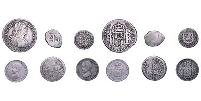 Spagna, Monetazione in argento (Felipe V, Fernando VI, Carlos IV, Alfonso XIII): lotto di sei mon...