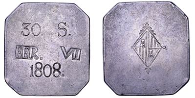 Fernando VII, 30 sueldos (sous) 1808, Palma de Maiorca, coniata su lamina quadrangolare