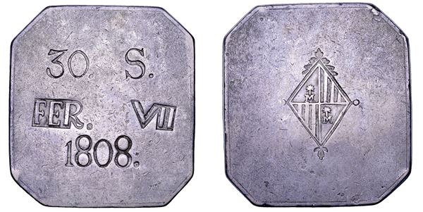 FERNANDO VII, 1808-1833. SPAGNA. 30 sueldos (sous) 1808, coniato su lamina quadrangolare. Palma de Mallorca.