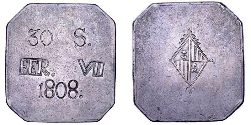 Fernando VII, 30 sueldos (sous) 1808, Palma de Maiorca, coniata su lamina quadrangolare