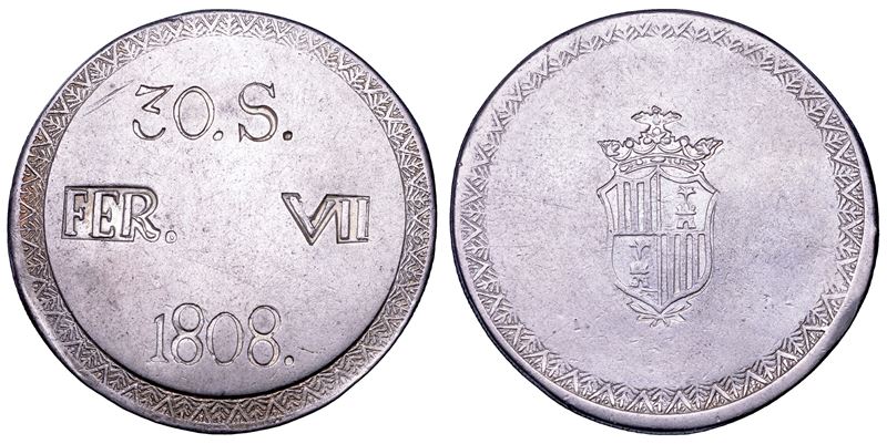 FERNANDO VII, 1808-1833. SPAGNA. 30 sueldos (sous) 1808, coniato su tondello regolare. Palma de Mallorca.  - Asta Numismatica - Cambi Casa d'Aste